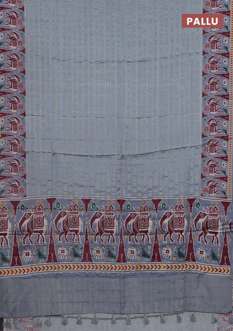 Semi Tussar Saree Pastel Grey With Zari Stripes Pattern And Patola Printed Border For Women - Indya