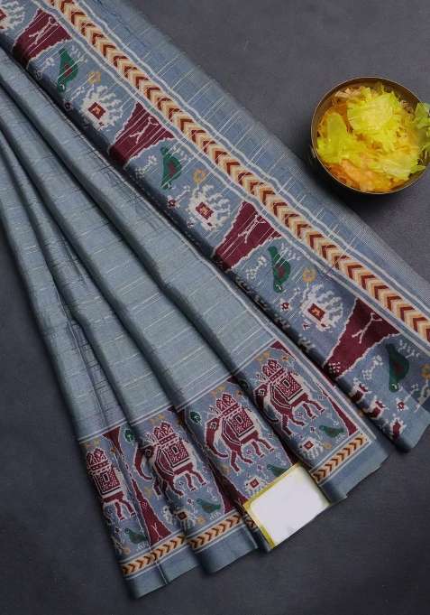 Semi Tussar Saree Pastel Grey With Zari Stripes Pattern And Patola Printed Border For Women