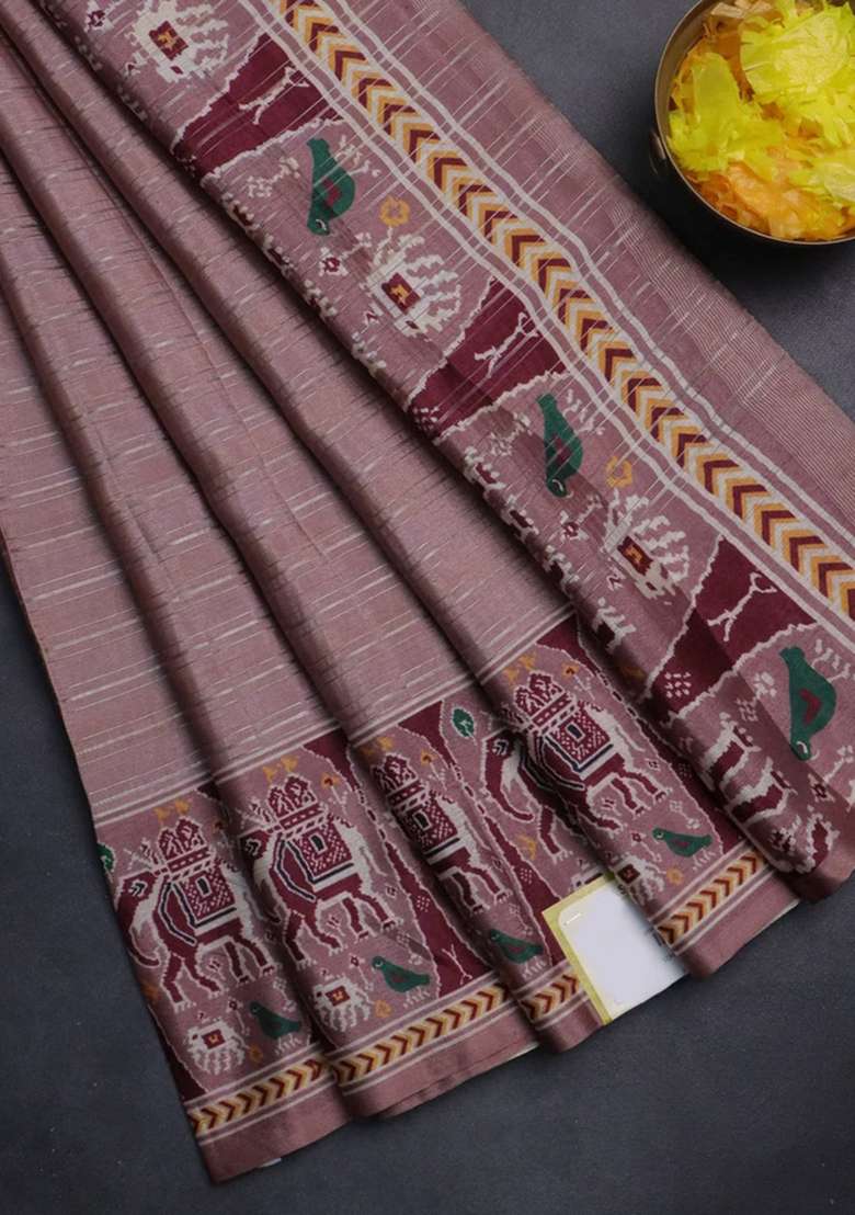 Semi Tussar Saree Pastel Peach With Zari Stripes Pattern And Patola Printed Border For Women - Indya