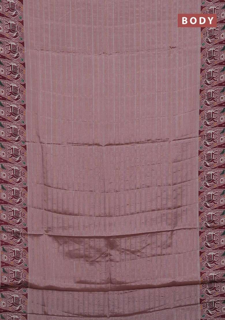 Semi Tussar Saree Pastel Peach With Zari Stripes Pattern And Patola Printed Border For Women - Indya