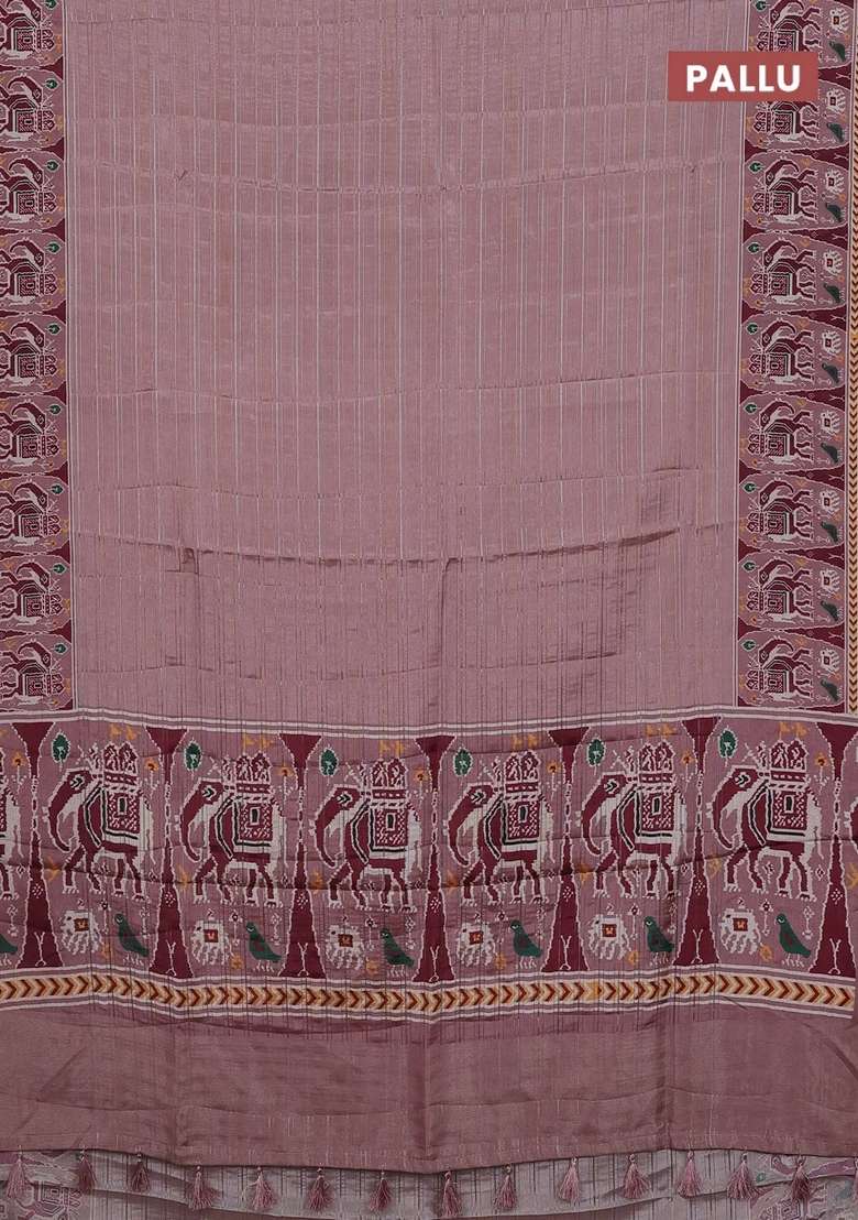 Semi Tussar Saree Pastel Peach With Zari Stripes Pattern And Patola Printed Border For Women - Indya
