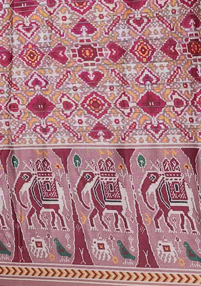 Semi Tussar Saree Pastel Peach With Zari Stripes Pattern And Patola Printed Border For Women - Indya