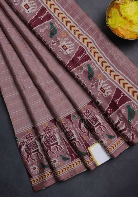 Semi Tussar Saree Pastel Peach With Zari Stripes Pattern And Patola Printed Border For Women