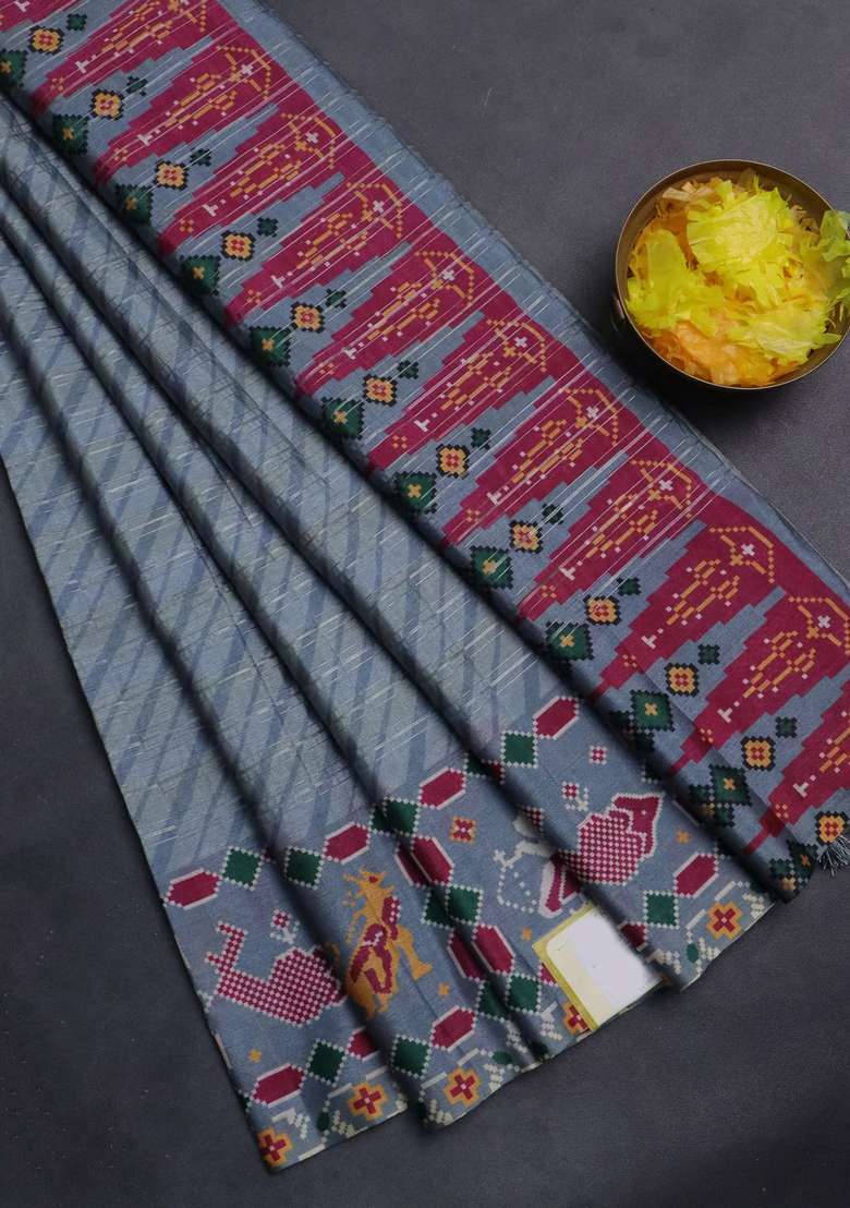 Semi Tussar Saree Pastel Grey With Leheriya Prints And Patola Printed Border For Women - Indya