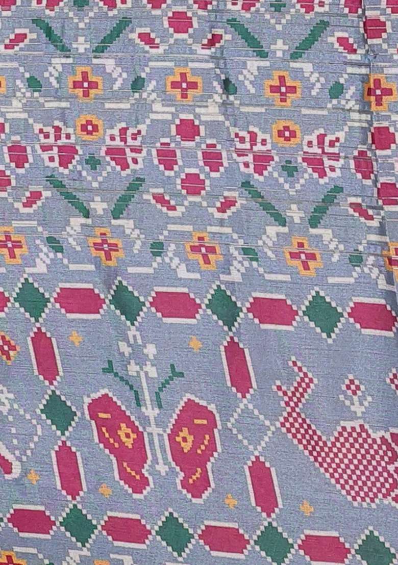 Semi Tussar Saree Pastel Grey With Leheriya Prints And Patola Printed Border For Women - Indya