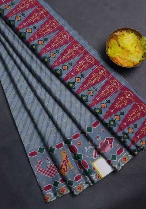 Semi Tussar Saree Pastel Grey With Leheriya Prints And Patola Printed Border For Women