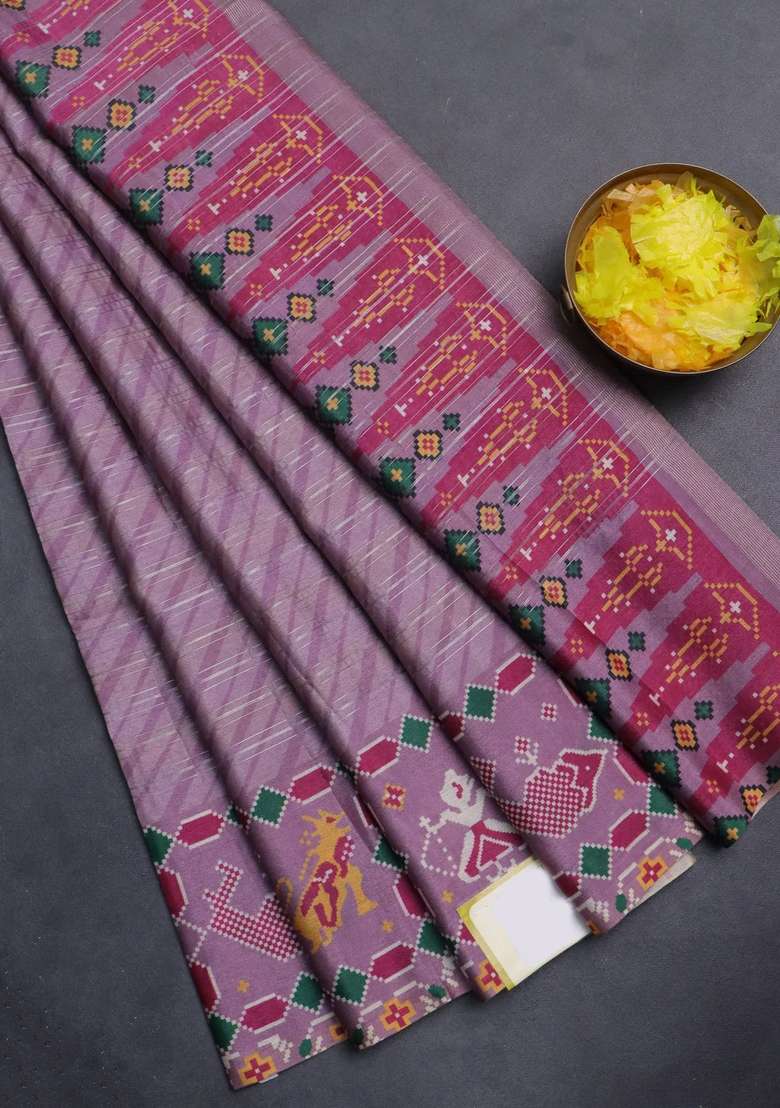 Semi Tussar Saree Mild Purple With Leheriya Prints And Patola Printed Border For Women - Indya