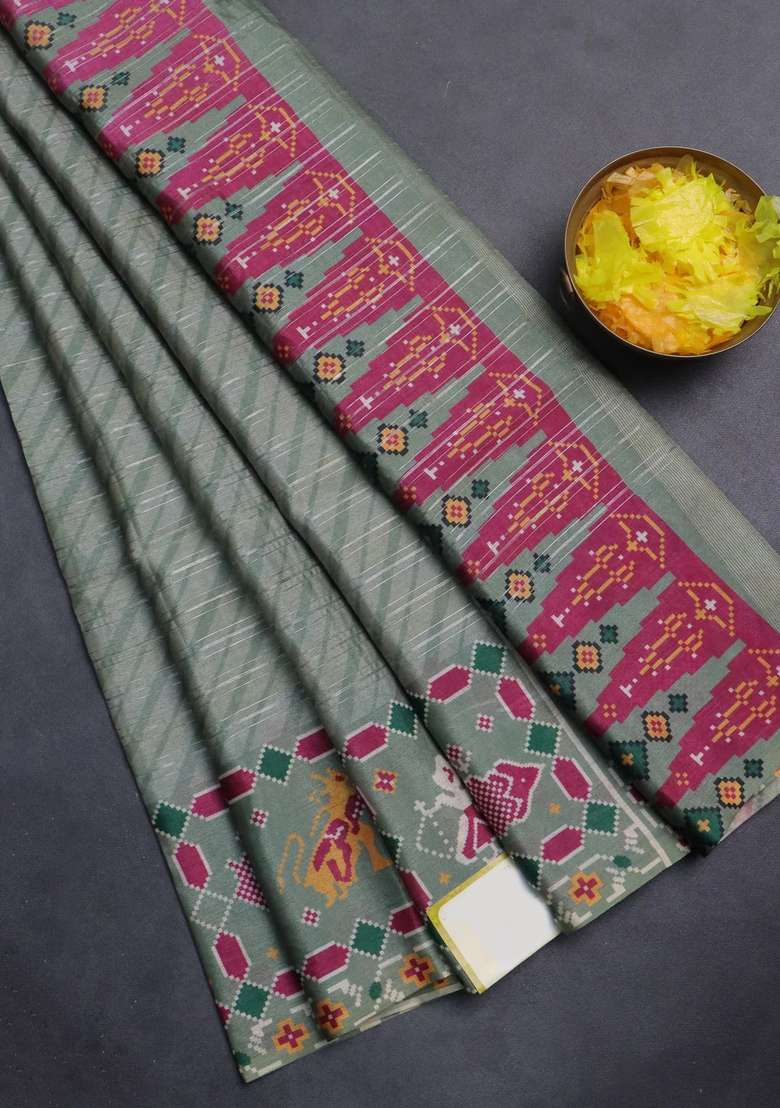 Semi Tussar Saree Pastel Green With Leheriya Prints And Patola Printed Border For Women - Indya