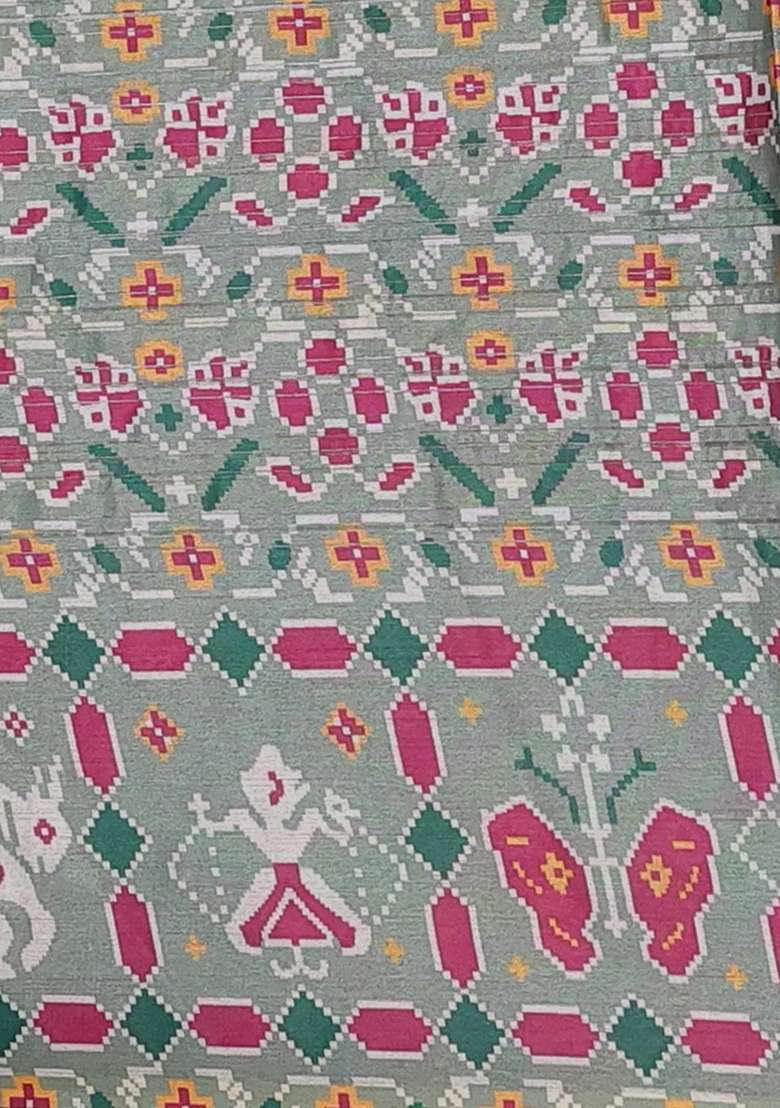 Semi Tussar Saree Pastel Green With Leheriya Prints And Patola Printed Border For Women - Indya