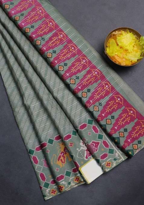 Semi Tussar Saree Pastel Green With Leheriya Prints And Patola Printed Border For Women