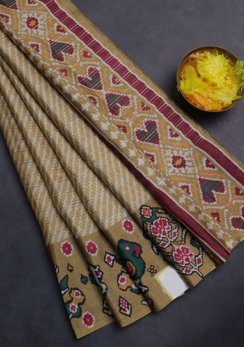 Semi Tussar Saree Mustard Shade With Leheriya Prints And Patola Printed Border For Women - Indya
