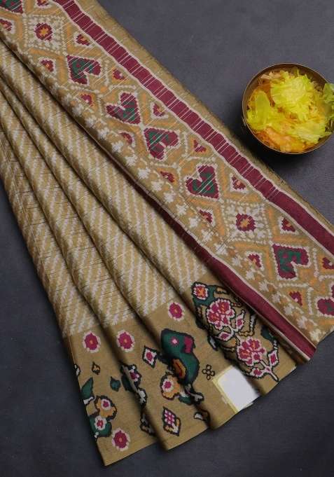 Semi Tussar Saree Mustard Shade With Leheriya Prints And Patola Printed Border For Women