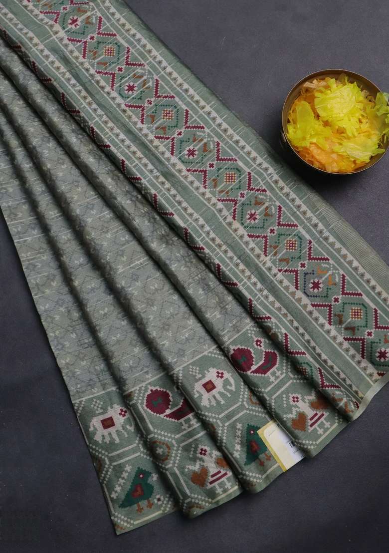Semi Tussar Saree Pastel Green With Zari Stripes Pattern And Patola Printed Border For Women - Indya