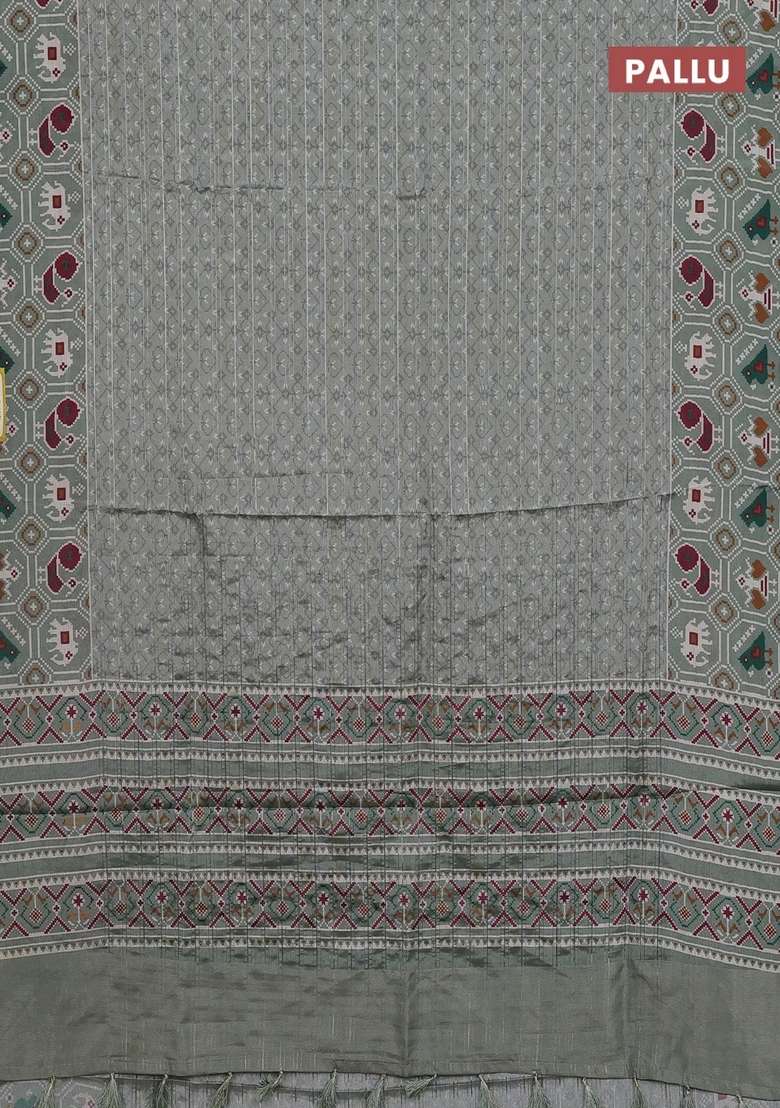 Semi Tussar Saree Pastel Green With Zari Stripes Pattern And Patola Printed Border For Women - Indya