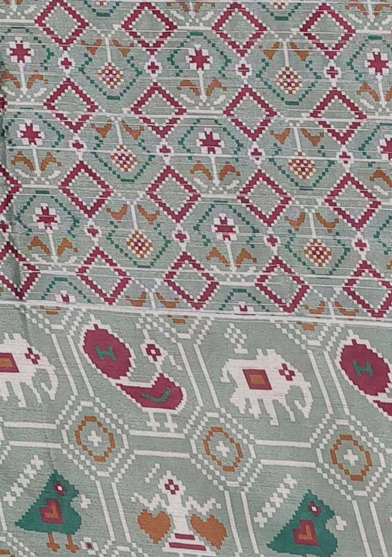 Semi Tussar Saree Pastel Green With Zari Stripes Pattern And Patola Printed Border For Women - Indya
