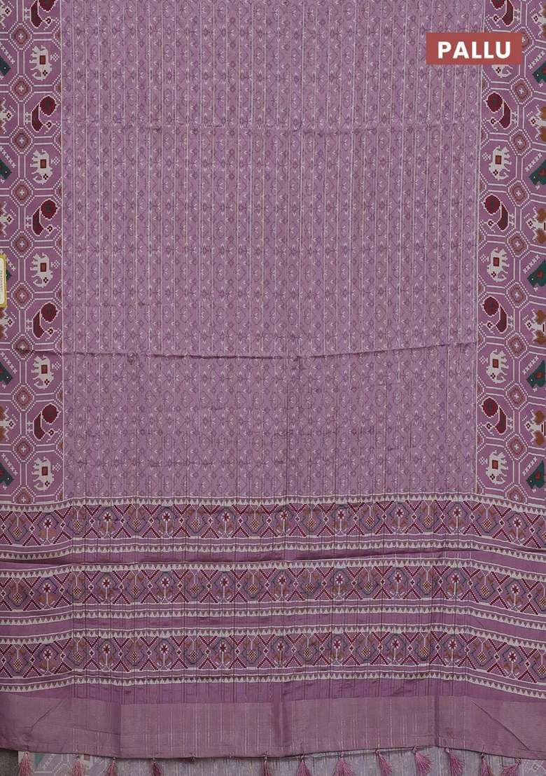 Semi Tussar Saree Mild Purple With Zari Stripes Pattern And Patola Printed Border For Women - Indya