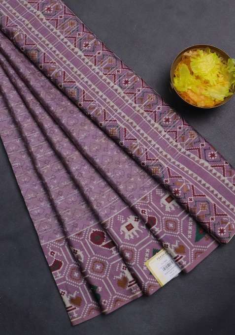 Semi Tussar Saree Mild Purple With Zari Stripes Pattern And Patola Printed Border For Women