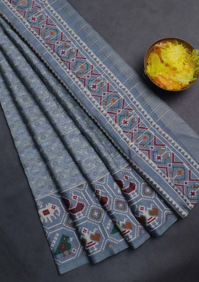 Semi Tussar Saree Grey Shade With Zari Stripes Pattern And Patola Printed Border For Women - Indya