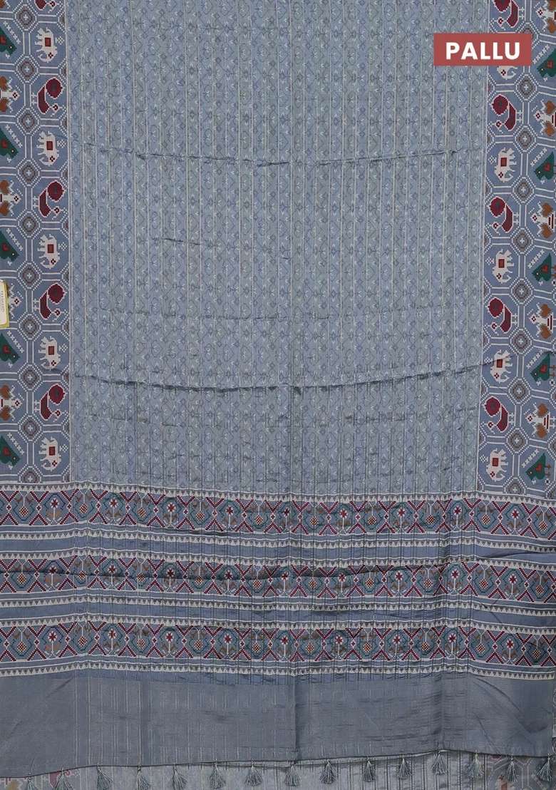 Semi Tussar Saree Grey Shade With Zari Stripes Pattern And Patola Printed Border For Women - Indya
