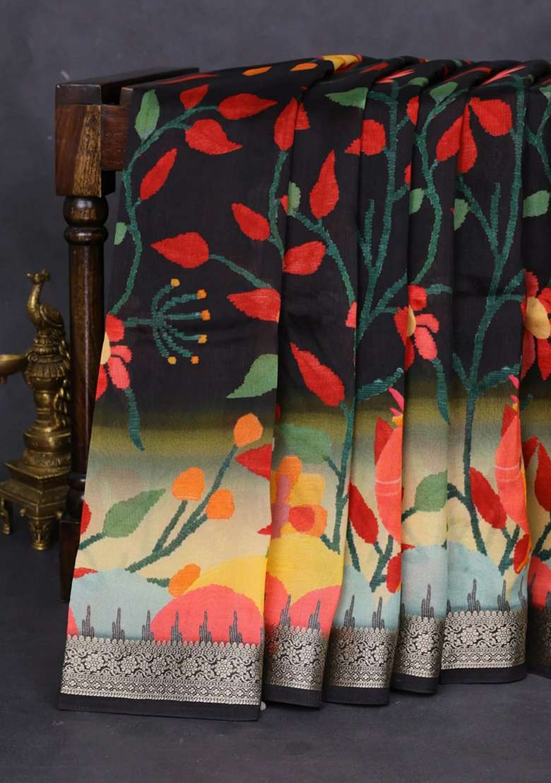 Tussar Georgette Silk Saree Black And Sandal With Allover Digital Prints And Zari Woven Border With Printed Design For Women - Indya
