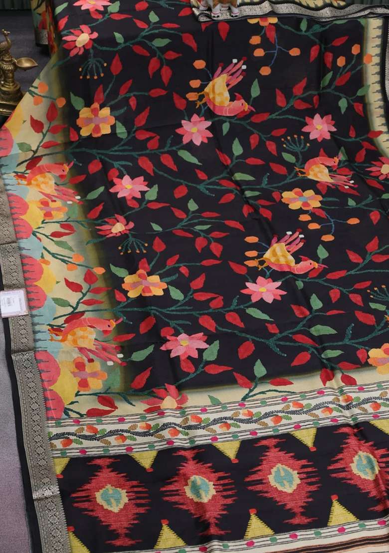 Tussar Georgette Silk Saree Black And Sandal With Allover Digital Prints And Zari Woven Border With Printed Design For Women - Indya