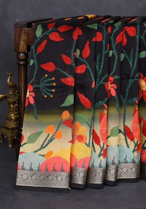 Tussar Georgette Silk Saree Black And Sandal With Allover Digital Prints And Zari Woven Border With Printed Design For Women
