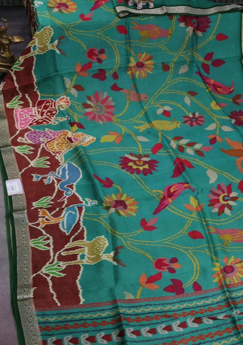 Tussar Georgette Silk Saree Green And Maroon With Allover Digital Prints And Zari Woven Border With Printed Design For Women - Indya