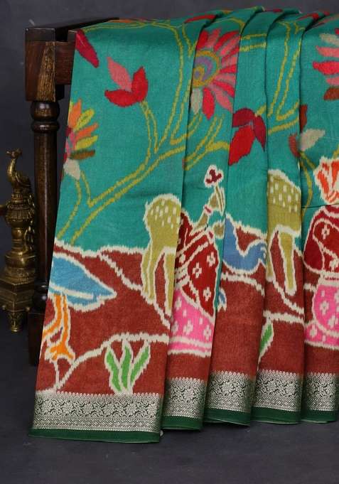Tussar Georgette Silk Saree Green And Maroon With Allover Digital Prints And Zari Woven Border With Printed Design For Women