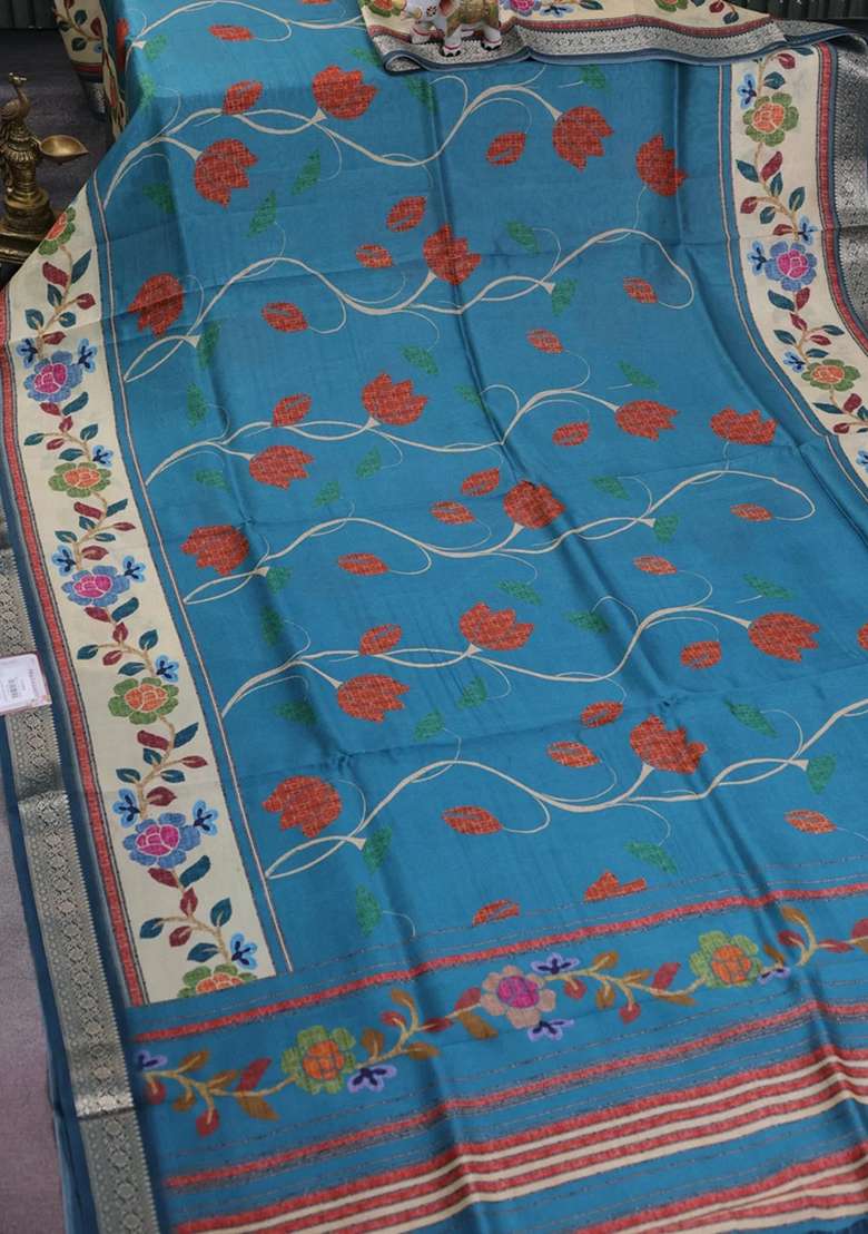 Tussar Georgette Silk Saree Pastel Blue And Cream With Allover Digital Prints And Zari Woven Border With Printed Design For Women - Indya