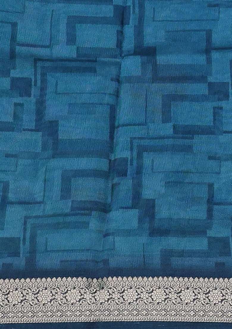 Tussar Georgette Silk Saree Pastel Blue And Cream With Allover Digital Prints And Zari Woven Border With Printed Design For Women - Indya