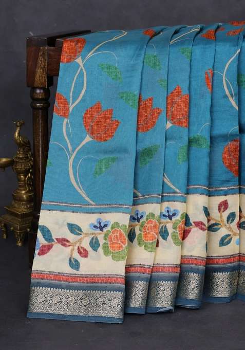 Tussar Georgette Silk Saree Pastel Blue And Cream With Allover Digital Prints And Zari Woven Border With Printed Design For Women