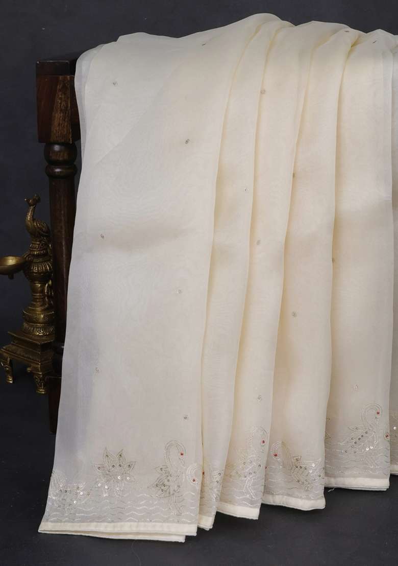 Pure Organza Silk Saree Cream With Sequin Work And Zari Woven Border With Embroidered Design For Women - Indya