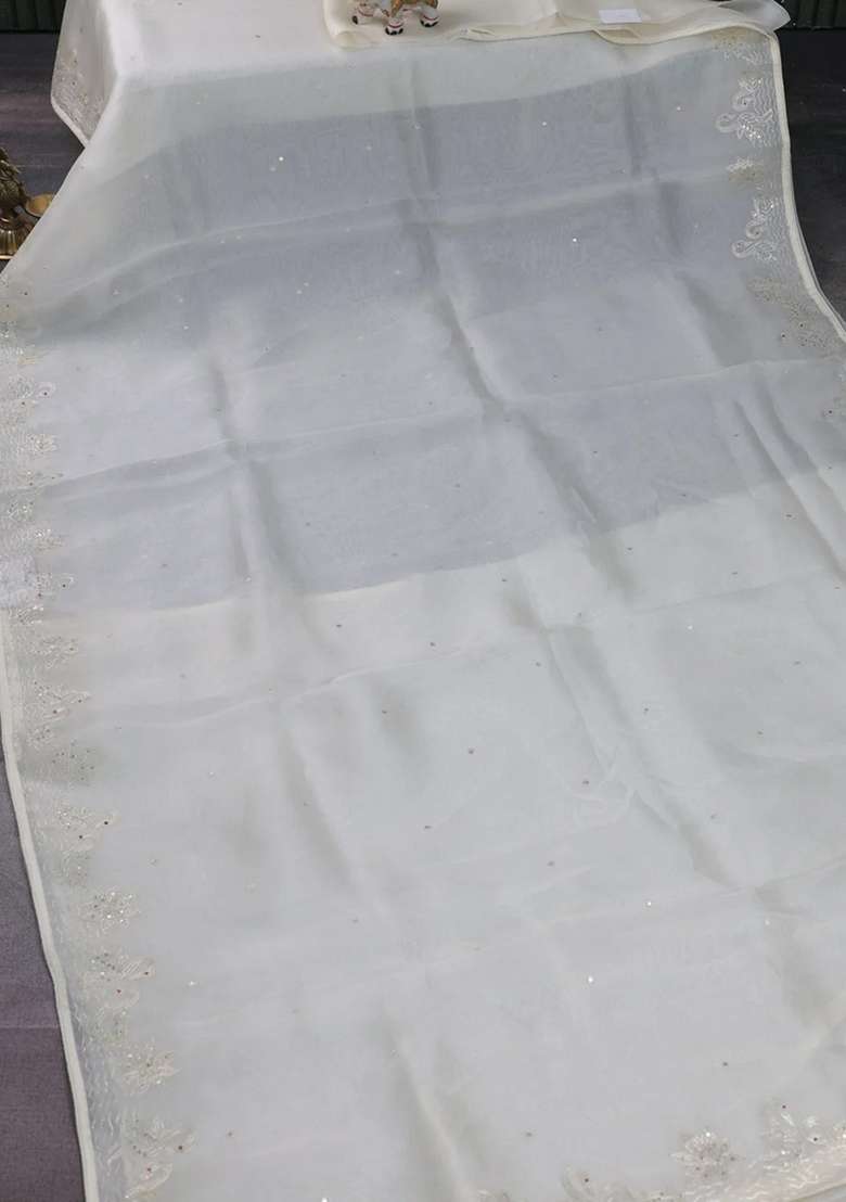 Pure Organza Silk Saree Cream With Sequin Work And Zari Woven Border With Embroidered Design For Women - Indya