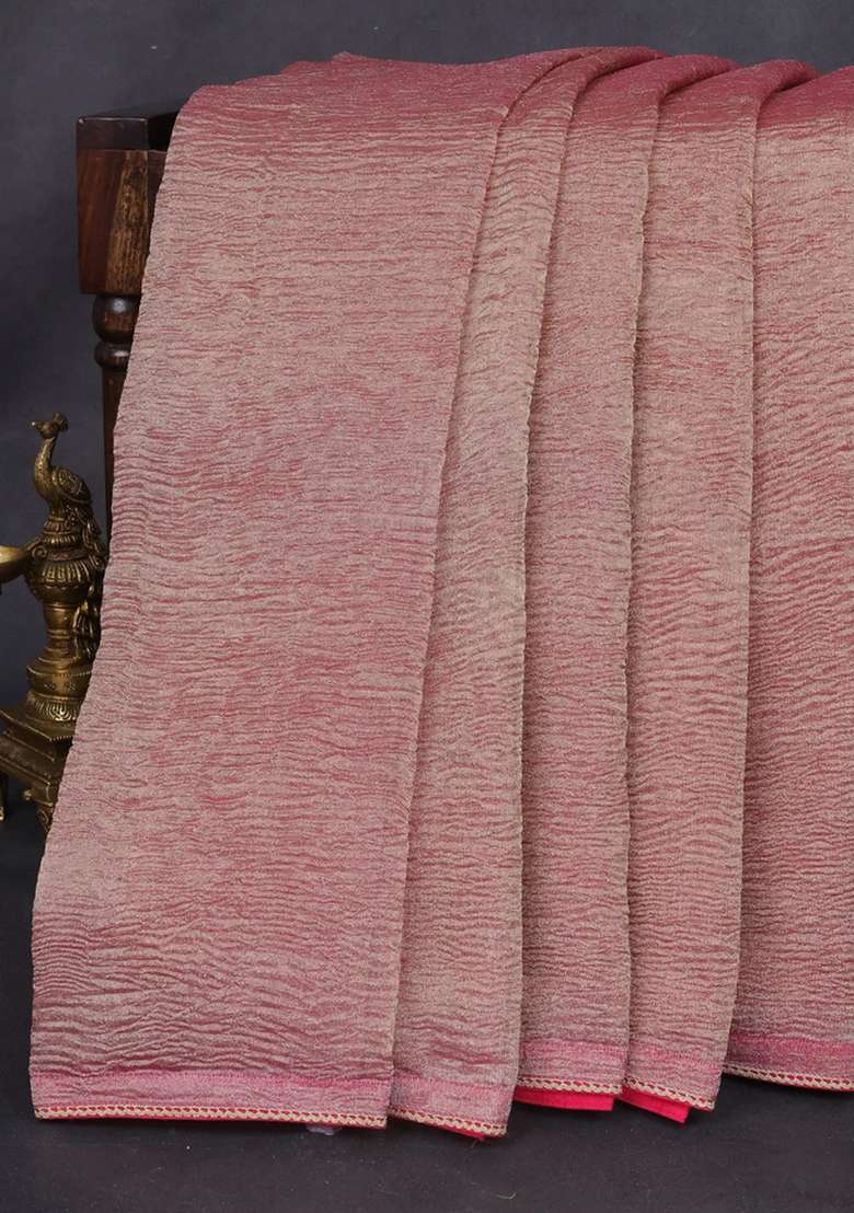 Crush Tissue Silk Saree Dual Shade Of Golden Pink And Pink With Plain Body Gotapatti Lace Work Pallu With Traditional Woven Design For Women - Indya