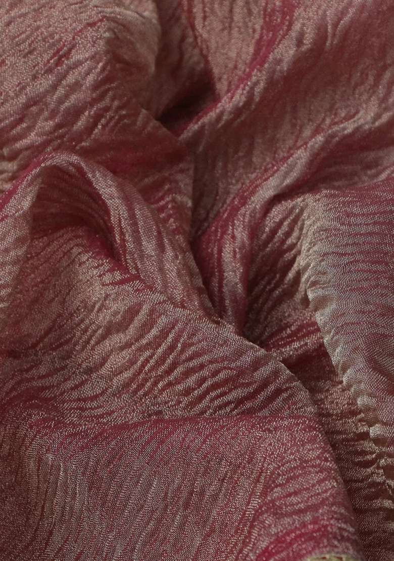 Crush Tissue Silk Saree Dual Shade Of Golden Pink And Pink With Plain Body Gotapatti Lace Work Pallu With Traditional Woven Design For Women - Indya