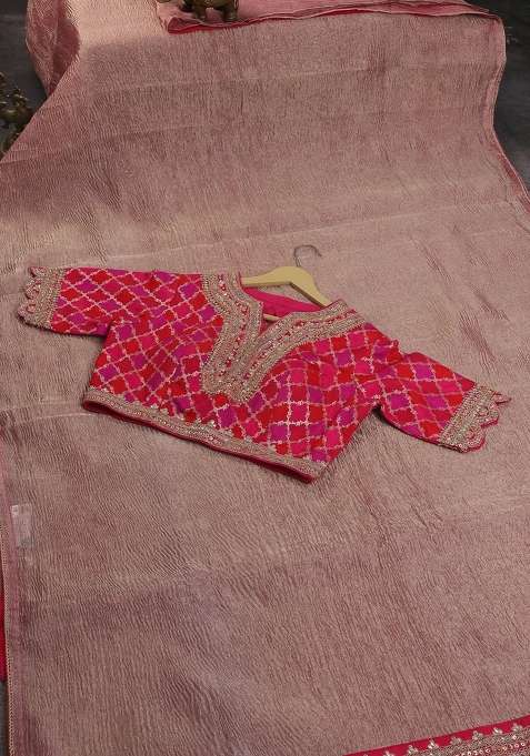 Crush Tissue Silk Saree Dual Shade Of Golden Pink And Pink With Plain Body Gotapatti Lace Work Pallu With Traditional Woven Design For Women
