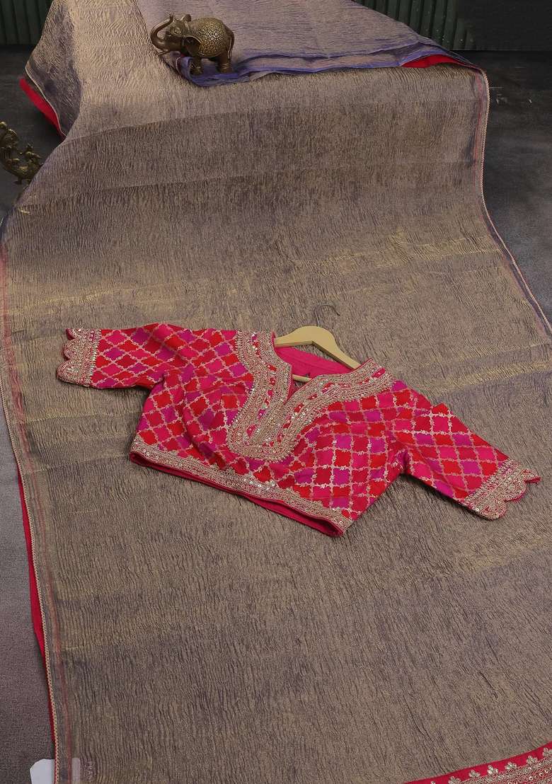 Crush Tissue Silk Saree Dual Shade Of Golden Bluish Grey And Pink With Plain Body Gotapatti Lace Work Pallu With Traditional Woven Design For Women - Indya