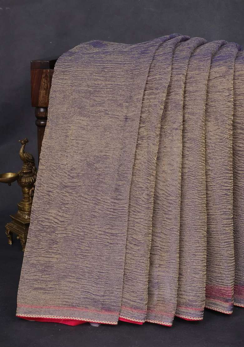 Crush Tissue Silk Saree Dual Shade Of Golden Bluish Grey And Pink With Plain Body Gotapatti Lace Work Pallu With Traditional Woven Design For Women - Indya