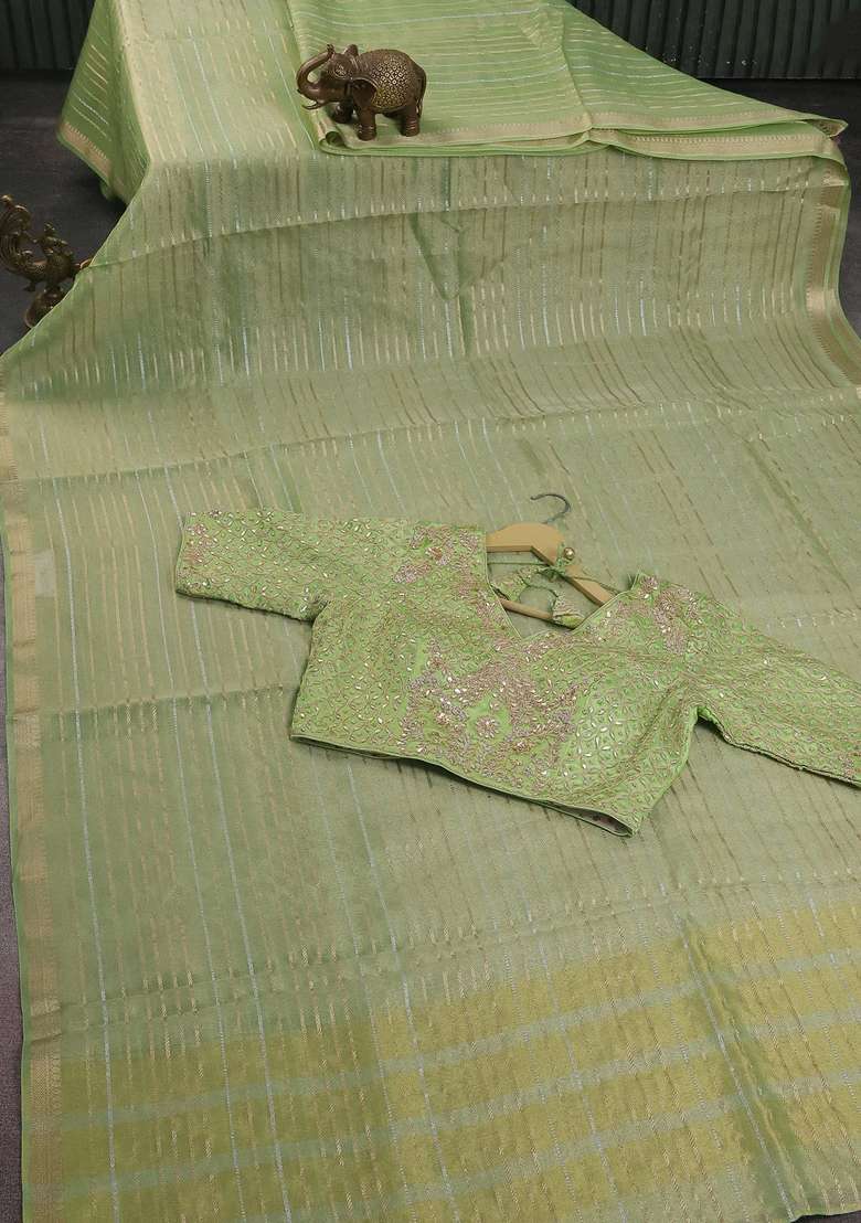 Tissue Silk Saree Pista Green With Silver Gold Zari Stripes With Checks And Stripes Design For Women - Indya