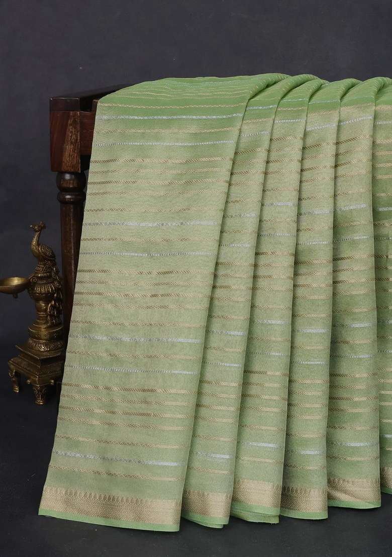 Tissue Silk Saree Pista Green With Silver Gold Zari Stripes With Checks And Stripes Design For Women - Indya