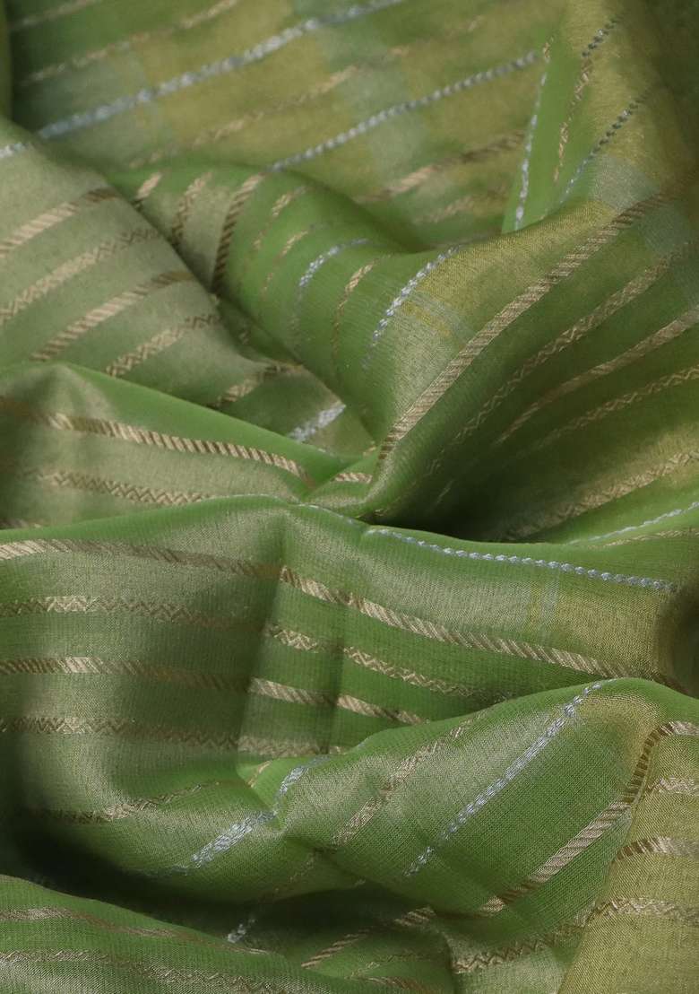 Tissue Silk Saree Pista Green With Silver Gold Zari Stripes With Checks And Stripes Design For Women - Indya