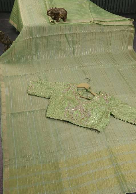 Tissue Silk Saree Pista Green With Silver Gold Zari Stripes With Checks And Stripes Design For Women
