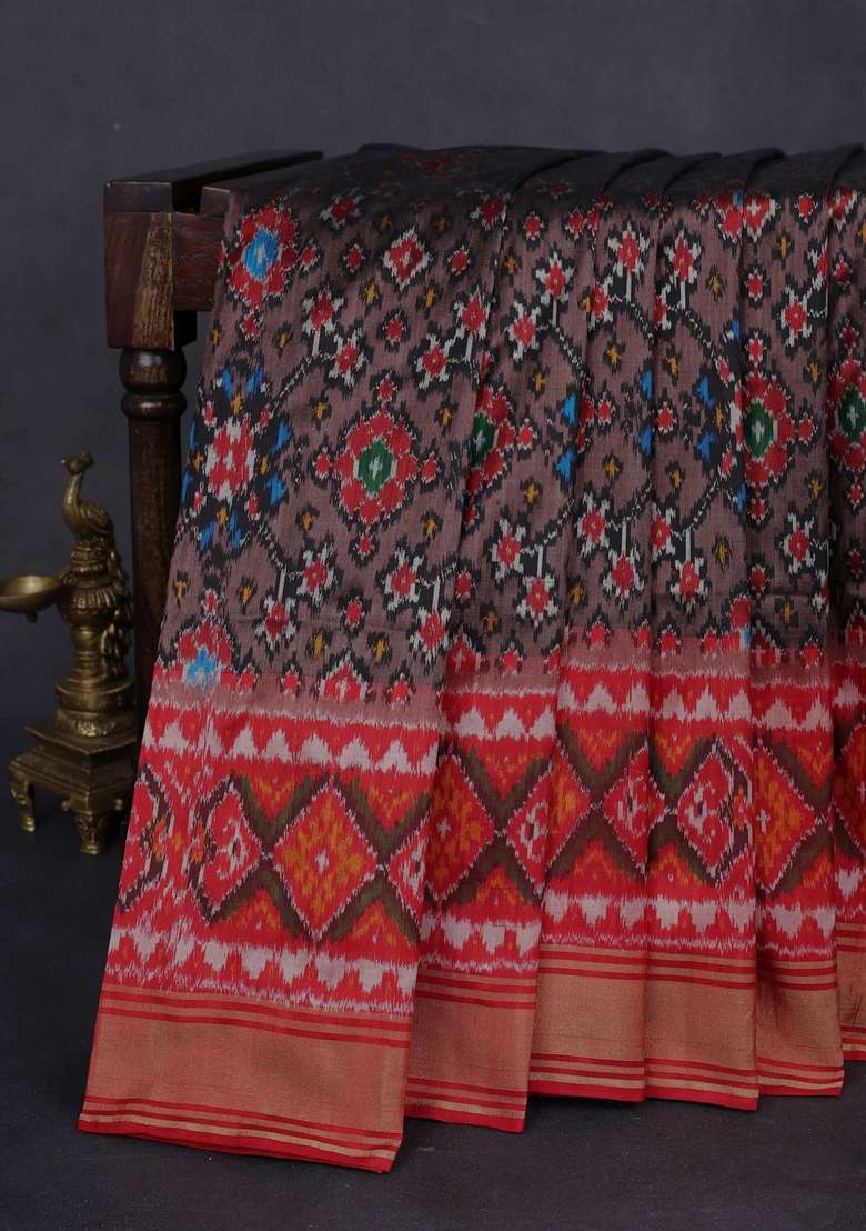 Pochampally Silk Saree Pastel Brown And Red With Allover Ikat Weaves And Long Ikat Woven Zari Border With Traditional Woven Design For Women - Indya