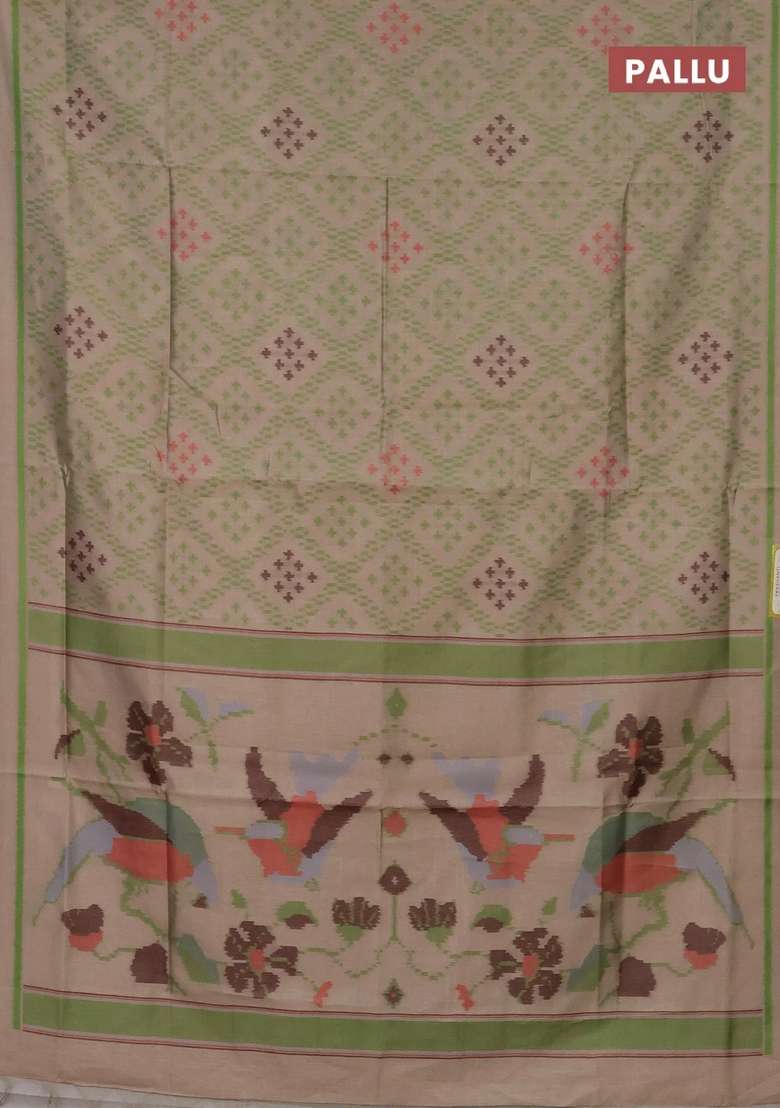 Semi Sambalpuri Silk Saree Beige And Green With Allover Ikat Weaves And Thread Woven Border With Traditional Woven Design For Women - Indya