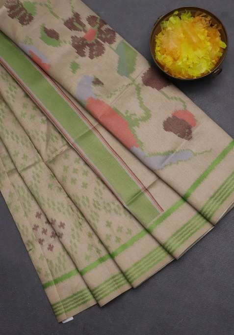 Semi Sambalpuri Silk Saree Beige And Green With Allover Ikat Weaves And Thread Woven Border With Traditional Woven Design For Women