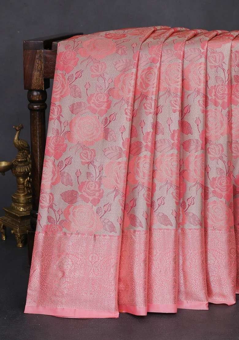 Bangalori Tissue Silk Saree Beige And Peach Pink With Zari Woven Floral Design Brocade Pattern And Zari Woven With Buttas And Brocade Design For Women - Indya