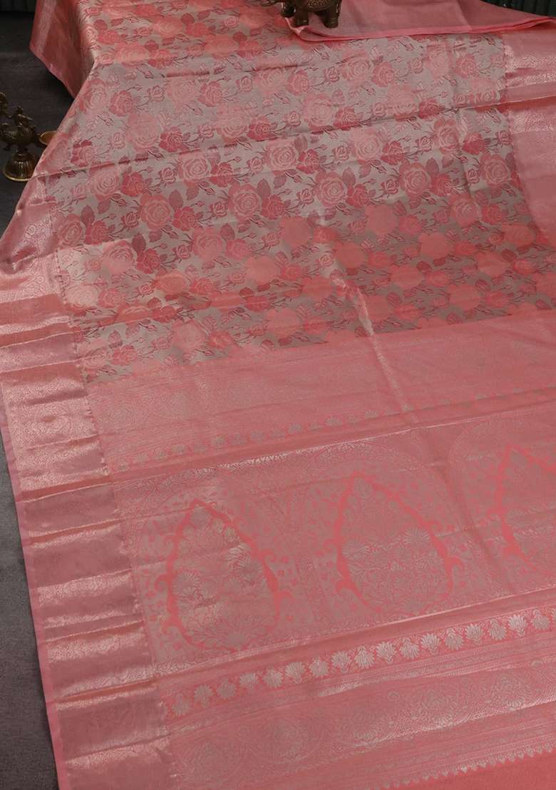 Bangalori Tissue Silk Saree Beige And Peach Pink With Zari Woven Floral Design Brocade Pattern And Zari Woven With Buttas And Brocade Design For Women - Indya