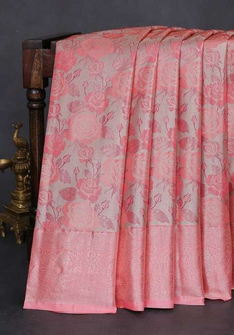 Bangalori Tissue Silk Saree Beige And Peach Pink With Zari Woven Floral Design Brocade Pattern And Zari Woven With Buttas And Brocade Design For Women