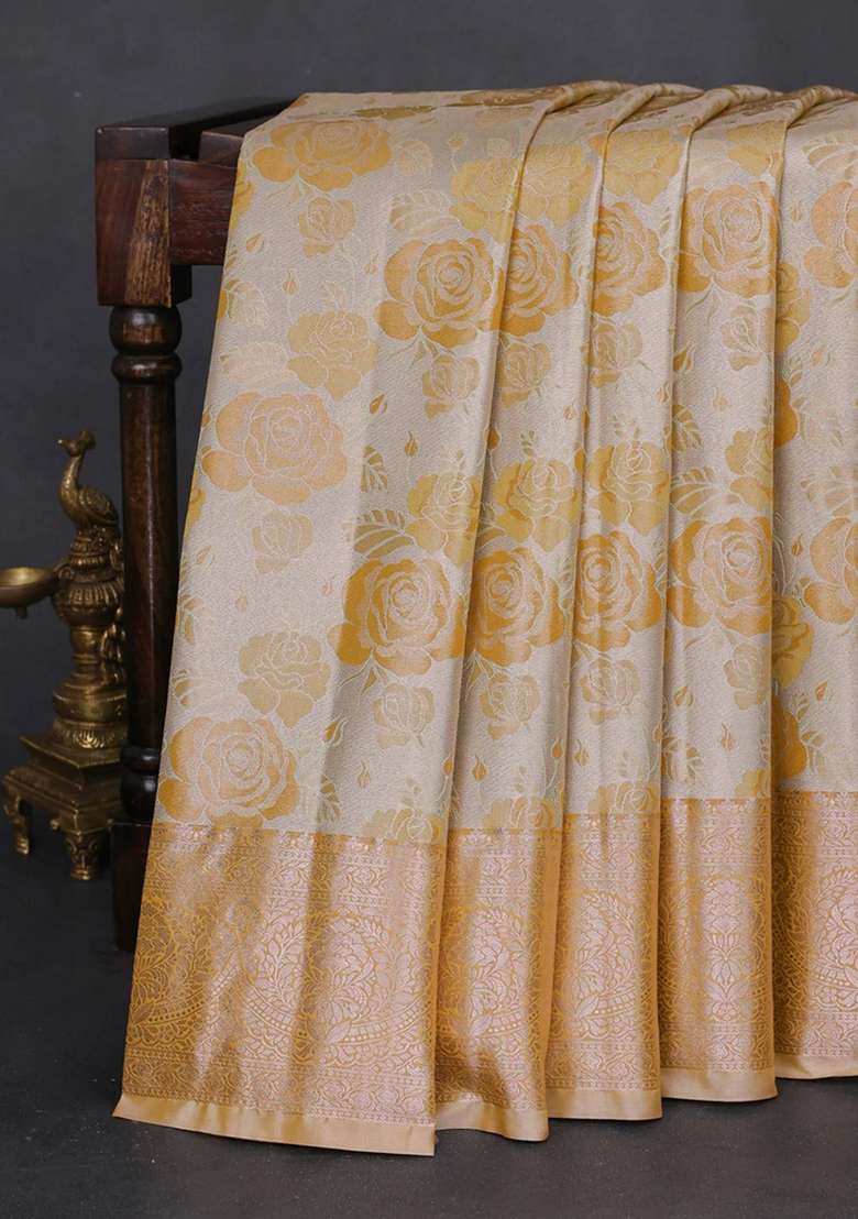 Bangalori Tissue Silk Saree Beige And Mustard Yellow With Zari Woven Floral Design Brocade Pattern And Zari With Buttas And Brocade Design For Women - Indya