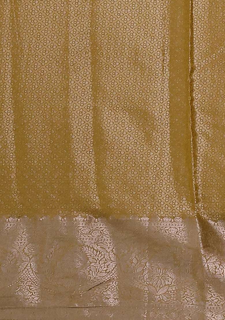 Bangalori Tissue Silk Saree Beige And Mustard Yellow With Zari Woven Floral Design Brocade Pattern And Zari With Buttas And Brocade Design For Women - Indya